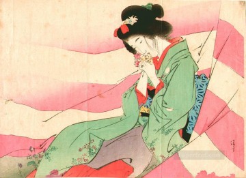 日本 Painting - ピンクと白のカーテンの美人 1903年 鏑木清方 日本人